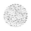 Fish school. Hand drawn fishes flock, round sketched fish group, doodle drawing shoal, fishing vector illustration