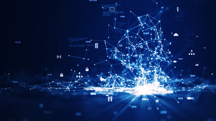 Cybersecurity data protection technology concept and internet network connection. A connected polygon light on the right with binary code and a small icon on a dark blue background.