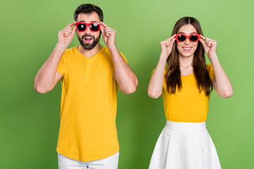 Wall Mural - Portrait of cheerful positive people toothy smile hands touch glasses isolated on green color background