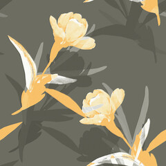 Graphic image of decorative tulips.Illustration on white and colored background.Seamless pattern.