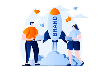 Poster - branding team concept with people scene in flat cartoon design. woman and man launch business brand,