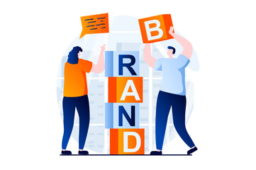 Poster - Branding team concept with people scene in flat cartoon design. Woman and man building business brand from cubes, employees teamwork in creative agency. Vector illustration visual story for web