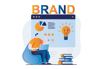 Poster - branding team concept with people scene in flat cartoon design. man with laptop analyzes company dat