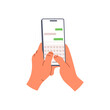 © Viktoria - Hand holding phone with app for messenger chat. Using smartphone screen with application for communication with family. Social media. Flat vector illustration isolated on white background