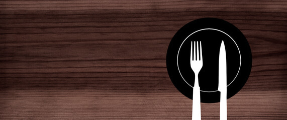 Wall Mural - Topview of Set of Plate, Fork and Knife Silhouette on Dark Table Background