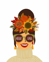 Wall Mural - Autumn illustration with cute woman. Vector design for card, poster, flyer, web and other