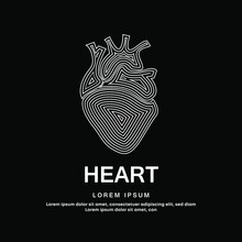Human Heart Medical Structure. Simple Line Art Heart Vector Logotype Illustration On Dark Background. Cardiology Logo Vector Template Suitable For Organization, Company, Or Community. EPS 10