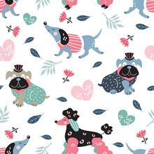 White Background With Dogs Of Different Breeds. Seamless Pattern.