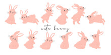 Cute Bunny Rabbit Pink In Different Poses Collection, Cartoon Animal Hand Drawing Vector Illustration