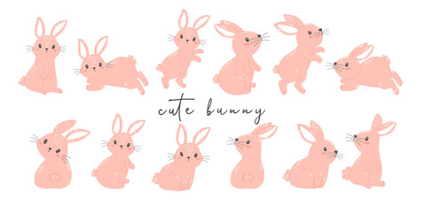 Wall Mural - cute bunny rabbit pink in different poses collection, cartoon animal hand drawing vector illustratio