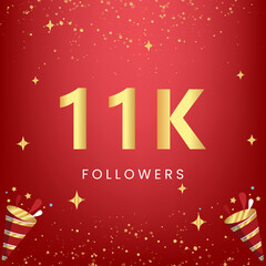 Thank you 11k or 11 thousand followers with gold bokeh and star isolated on red background. Premium design for social media story, social sites posts, greeting card, social networks, poster, banner.
