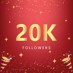 Thank you 20k or 20 thousand followers with gold bokeh and star isolated on red background. Premium design for social media story, social sites posts, greeting card, social networks, poster, banner.