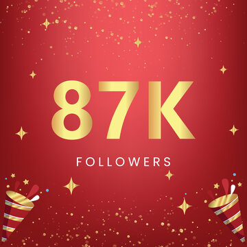 Thank you 87k or 87 thousand followers with gold bokeh and star isolated on red background. Premium design for social media story, social sites posts, greeting card, social networks, poster, banner.