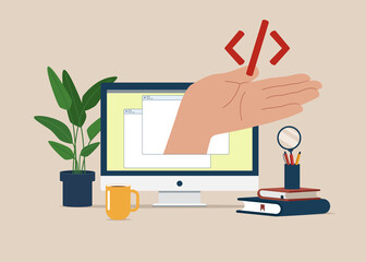 Online programming  or mobile app, coding, website development with hand coming out of browser silhouette and holding code. Vector illustration.