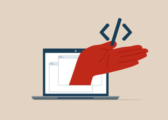 Online programming or mobile app, coding, website development with hand coming out of browser silhouette and holding code. Vector illustration.