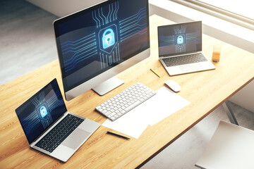 Poster - Creative lock sketch with chip hologram on modern computer monitor, protection of personal data concept. 3D Rendering