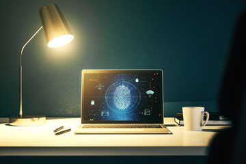 Aufkleber - Abstract creative fingerprint hologram on modern computer monitor, protection of personal information concept. 3D Rendering