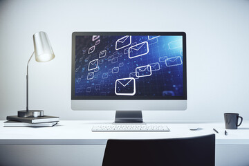 Poster - Creative abstract postal envelopes hologram on modern computer monitor, email and notification concept. 3D Rendering