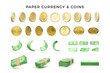 Set of 3D render gold coins and green paper currency. Wad of green dollars for business banners and concepts. Realistic money in cartoon style