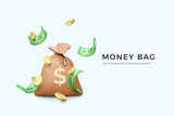 Fototapeta  - 3D money bag with dollar sign and falling green paper currency and gold coins. Banking and finance business banner