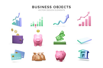 Poster - 3D Business icons set. Chart growth with arrows symbol, wallet and piggy bank, wad of paper currency and credit card, money bag and mobile phone