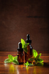 Canvas Print - fresh mint Peppermint herb leaves and essential oil in dropper bottles