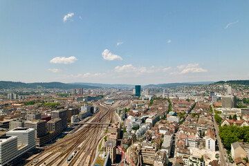 Sticker - Aerial view of cityscape of City of Zürich with railway track field and skyline with skyscraper Prime Tower on a sunny summer day. Photo taken June 20th, 2022, Zurich, Switzerland.