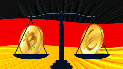 Canvas Print - Gold coin of Bitcoin BTC and Euro EUR on scales and colored flag of Germany on background. Central Bank of Deutschland adopts laws on digital assets CBDC.