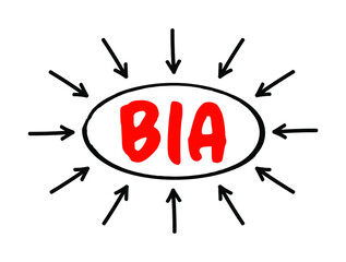 Aufkleber - BIA - Business Impact Analysis is a systematic process to determine and evaluate the potential effects of an interruption to critical business operations, acronym concept with arrows