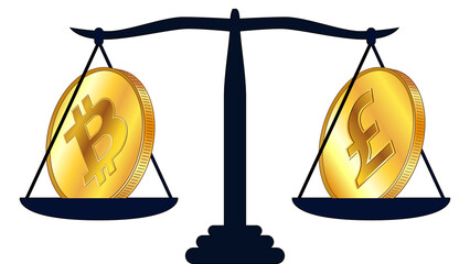 Canvas Print - Gold coin of Bitcoin BTC and british pound GBP on scales isolated on white background. Laws on digital assets CBDC.
