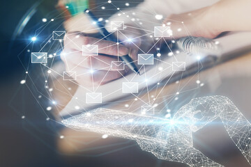 Poster - E-mail abstract envelop drawing over hands taking notes background. Concept of electronic mail. Double exposure