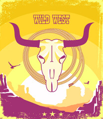 Wall Mural - Western vintage poster background with buffalo skull and cowboy lasso. Vector wild west illustration on American desert landscape