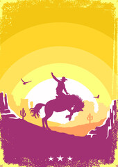 Wall Mural - Cowboy silhouette driving wild horse rodeo. Vector Arizona desert poster background for text. Wild West illustration on American desert sunset abstract landscape on old paper texture