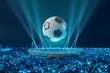 football ball object in the abstract background. light neon shape digital concept. ball symbol graphic sports. 3d illustrator. depth blur background. space night glitter effect. motion line design