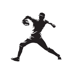 Baseball pitcher throws ball, isolated vector silhouette, side view. Baseball logo