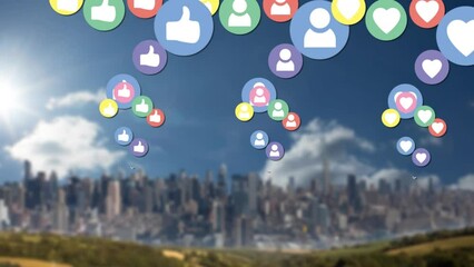 Poster - Multiple digital icons floating over aerial view of cityscape