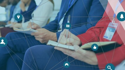 Poster - Network of digital icons and multiple trophy icons over mid section of businesspeople taking notes
