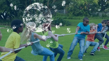 Poster - Animation of globe over male rugby players at stadium