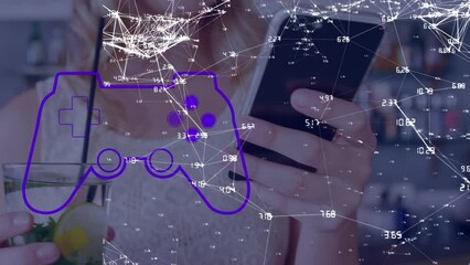 Poster - Animation of network of connections over caucasian women using smartphone