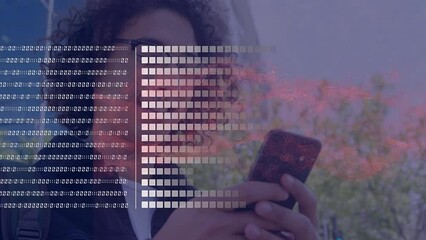 Poster - Animation of data processing over caucasian men using smartphone