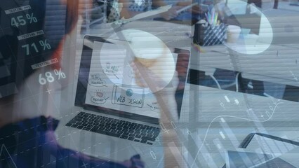 Poster - Animation of financial data and graphs over caucasian woman using laptop in office