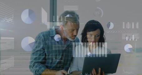 Poster - Animation of digital screen with diverse data over caucasian female and male coworkers in office