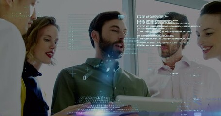 Poster - Animation of digital screen with diverse data over diverse female and male coworkers in office