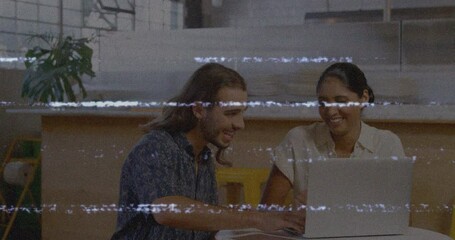 Poster - Animation of screen with glitch over diverse female and male coworkers in office