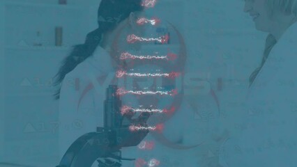 Poster - Animation of dna over caucasian female lab workers using microscope