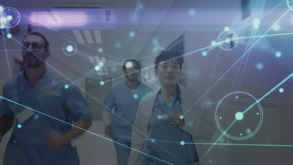 Canvas Print - Animation of connections over diverse female and male doctors running