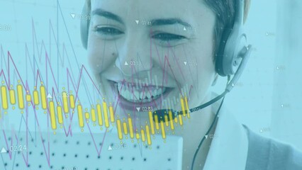 Poster - Animation of graphs and numbers over happy caucasian female consultant