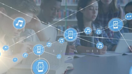Poster - Animation of network of connections over caucasian network of connections and sky