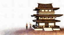 Digital Render Painterly Illustration Of Two Human Figures And A Japanese-styled Building