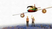 Digital Render Painterly Illustration Of Two Human Figures And An Airplane